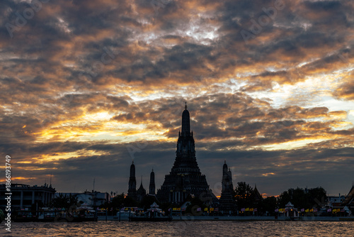 Photography An abstract, blurred background of nighttime lights along the Chao Phraya River in Bangkok, with Wat Arun, a popular tourist attraction visited by travelers from around the world, in the background