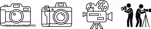 Photography and videography icon set featuring digital DSLR camera cinema movie camera and professional photographer videographer silhouette symbols.