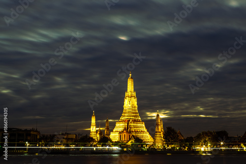 Photography An abstract, blurred background of nighttime lights along the Chao Phraya River in Bangkok, with Wat Arun, a popular tourist attraction visited by travelers from around the world, in the background