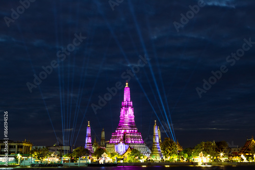 Photography An abstract, blurred background of nighttime lights along the Chao Phraya River in Bangkok, with Wat Arun, a popular tourist attraction visited by travelers from around the world, in the background