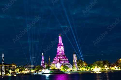 Photography An abstract, blurred background of nighttime lights along the Chao Phraya River in Bangkok, with Wat Arun, a popular tourist attraction visited by travelers from around the world, in the background