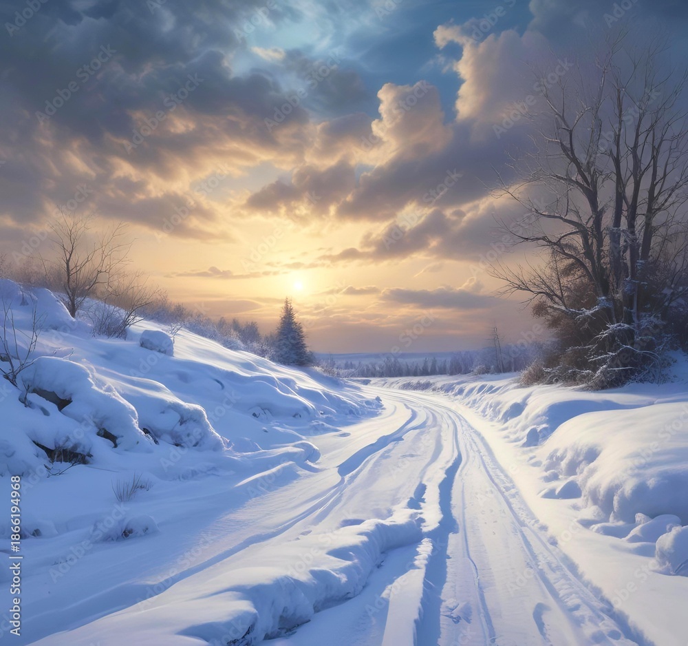 Obraz premium Abandoned frozen road after heavy snowfall, snowbanks on both sides, dramatic winter clouds