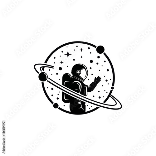 Astronaut waving hand in space, surrounded by planets and stars, vector illustration