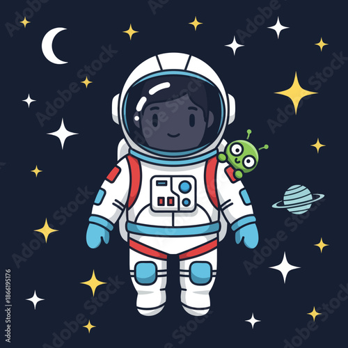Cute Astronaut with Alien Friend Floating in Starry Space