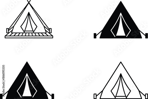 Camping tent icon set featuring triangular A-frame shelters in solid and outline styles for outdoor adventure travel design.