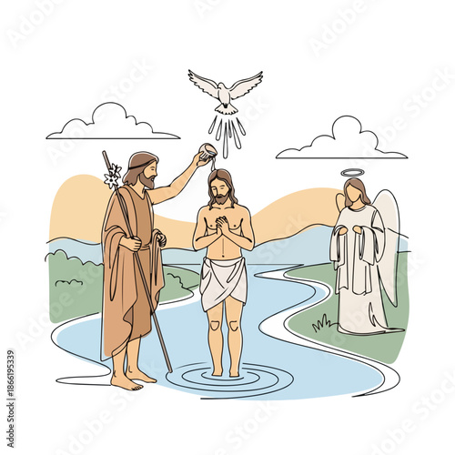 Baptism of Jesus by John in river, holy spirit represented by dove above with angel watching on the side. Scene from Bible illustrates significant moment of faith and purity.