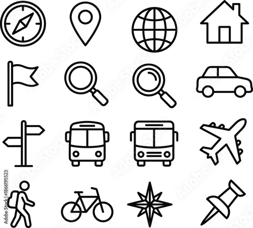 Set of 16 black line icons for travel and navigation including vehicles, maps, and exploration tools for vector illustration content