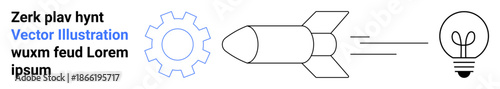 Innovation, technology, progress, startup ideas, creativity, automation. Rocket icon traveling toward light bulb with gear beside them. Innovation and technology as core