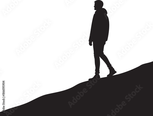 Person on Slope Silhouette – Black Line Vector Illustration Featuring Hooded Figure and Inclined Terrain