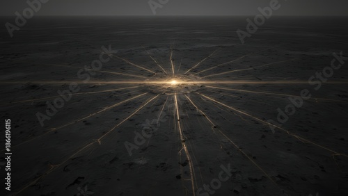 A central glowing light emanates across a dark, desolate landscape, creating illuminated cracks and lines that stretch into the horizon