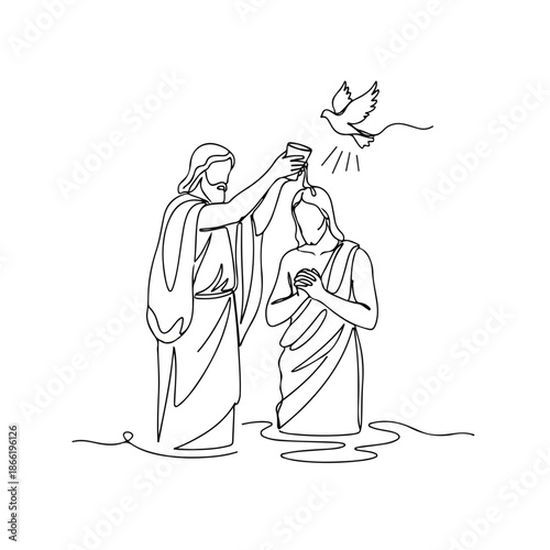Continuous line art illustration depicts the baptism of Christ, John baptizing Jesus in water with dove. New Testament scene portrays spiritual rebirth and the baptism of Christ.