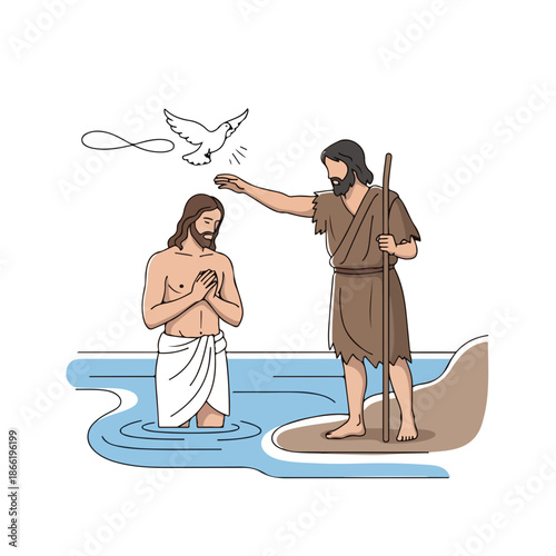 Religious illustration showing baptism of Jesus by John Baptist in Jordan River. Sacred scene features divine dove descending, symbolizing Holy Spirit.