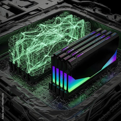 computer ram modules, with one showcasing a vivid green glowing wireframe of data flow, against a dark metallic circuit background