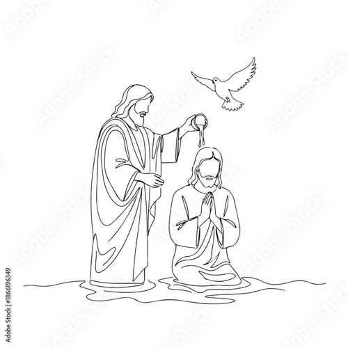 Line art shows baptism of Jesus, John Baptist, symbolic dove. Pivotal New Testament scene, Christ's baptism. Ideal for religious studies, spiritual education, contemplation, baptism of Jesus.