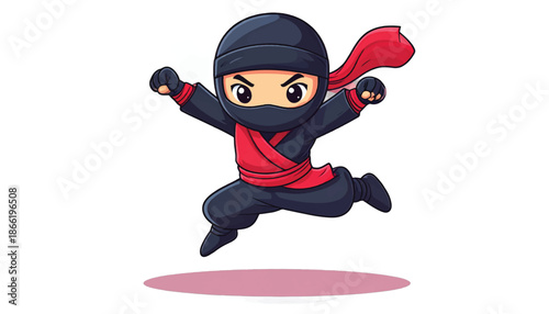 Cartoon Ninja Mid-Air Leap with Red Sash and Determined Expression.
