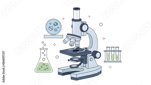 A microscope on a transparent background with slide and test tube isolated on transparent background