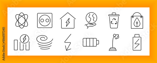 Sustainability and eco-energy set icon. Includes atom, power socket, recycling bin, battery, tornado, bolt, shopping bag, energy bar, dying plant, and emission symbols.