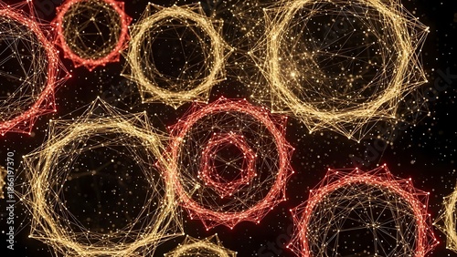 Glowing geometric constellations connected in space with bokeh effect