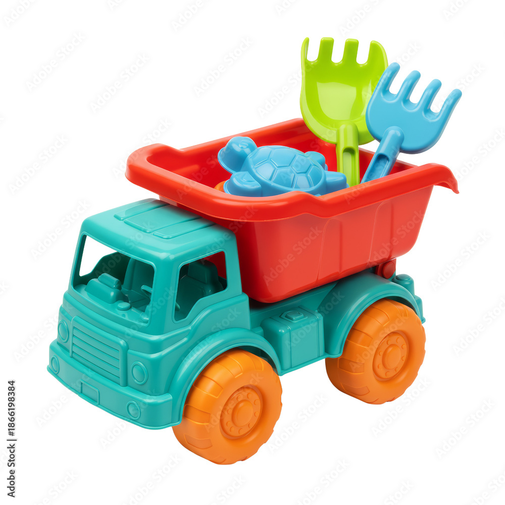 Fototapeta premium Colorful Toy Truck with Sand Toys for Beach Fun