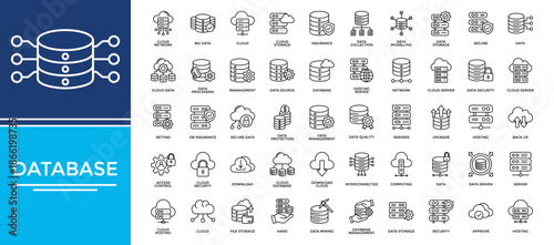 Database icon set collection. Containing database, server, computing, performance, contract, insurance, management .Line vector icons collection
