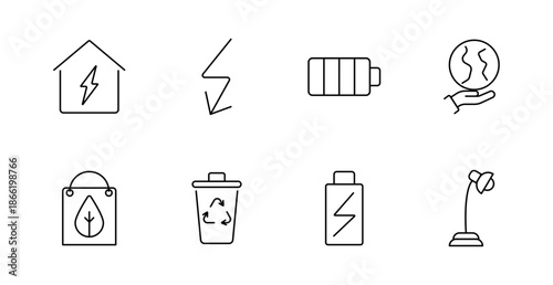 Energy and waste set icon. Electric home, lightning bolt, full battery, hand globe, eco bag, bin with recycle, charged battery, desk lamp drawn for green power and sustainable living use.