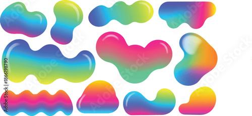 The image features eleven amorphous shapes that exhibit vibrant rainbow color gradients, transitioning smoothly from yellows and greens to blues and pinks.