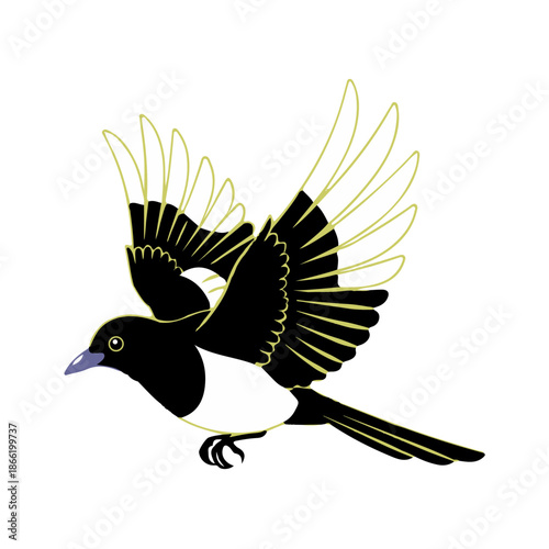 Stylized Korean Magpie Illustration Symbolizing Luck and Joy in Traditional Culture for Use in Design and Nature Projects