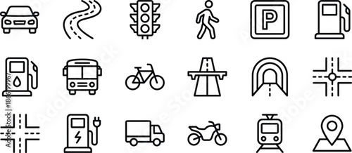 Set of 20 black line icons for transportation and road infrastructure including vehicles, traffic signs, and urban mobility symbols