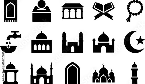 Comprehensive Islamic Religious Symbols and Mosque Architecture Silhouette Glyph Icon Collection for Ramadan and Eid Celebrations