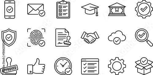 Set of 20 black line icons for verification, security, and documentation including approval, institutional, and digital process symbols