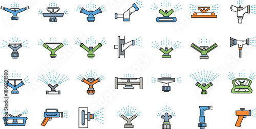 Garden Sprinkler and Water Sprayer Icon Vector Set with Irrigation Systems, Lawn Watering Tools, and Agriculture Equipment in Flat Cartoon Style