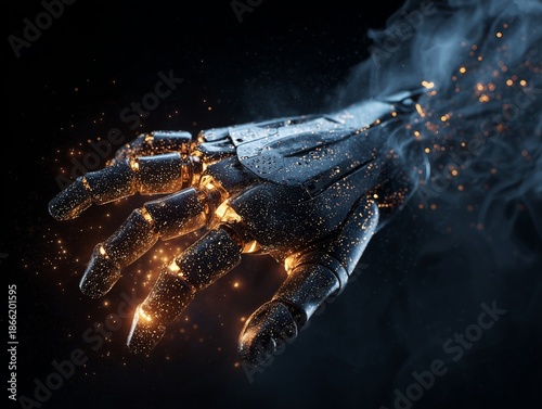 Robotic hand emerging from digital particles, futuristic lighting, strong subject isolation, professional commercial composition.