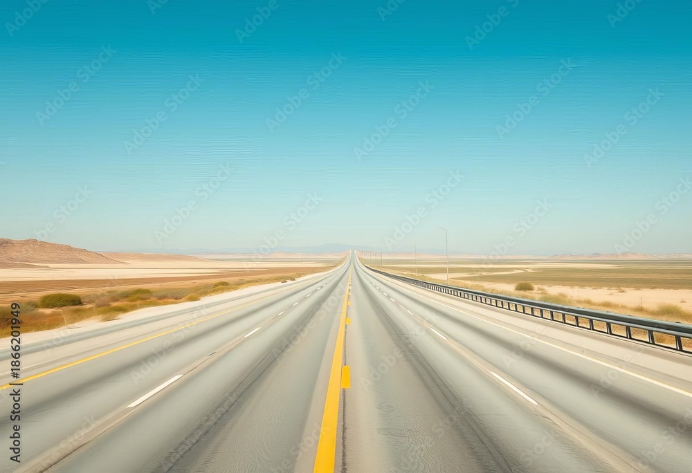 Fototapeta premium Empty highway stretches to horizon under clear sky, trees, asphalt