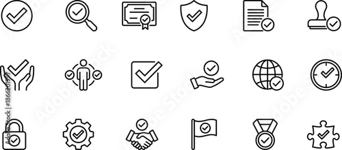 Set of 18 black line icons for verification, approval, and certification including security, trust, and completion symbols