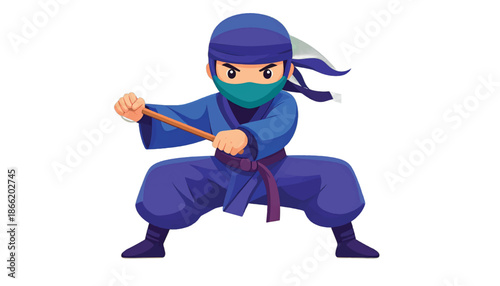 Cartoon Ninja Ready for Action with Wooden Weapon.