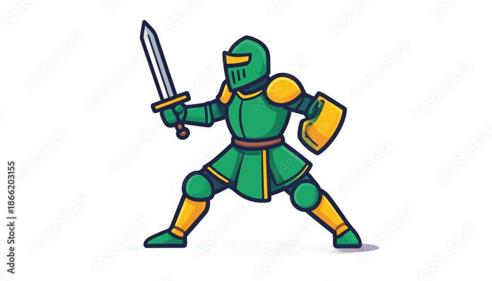 Fototapeta premium Cartoon Knight Ready for Battle with Sword and Shield.