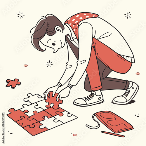 A man assembling a puzzle in a creative cartoon illustration