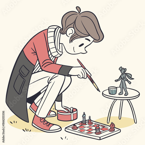 Cartoon man painting miniature figure and playing chess