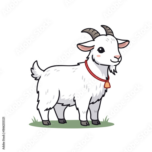 Cartoon goat with horns and red collar standing on grass during RAMADHAN celebration illustration