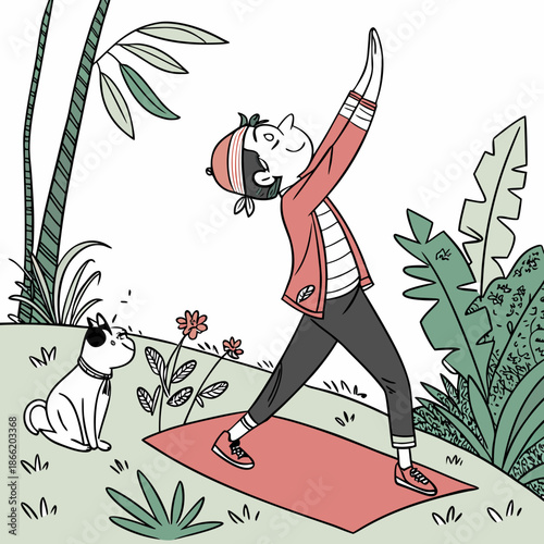 Cartoon person doing yoga outdoors with a dog nearby