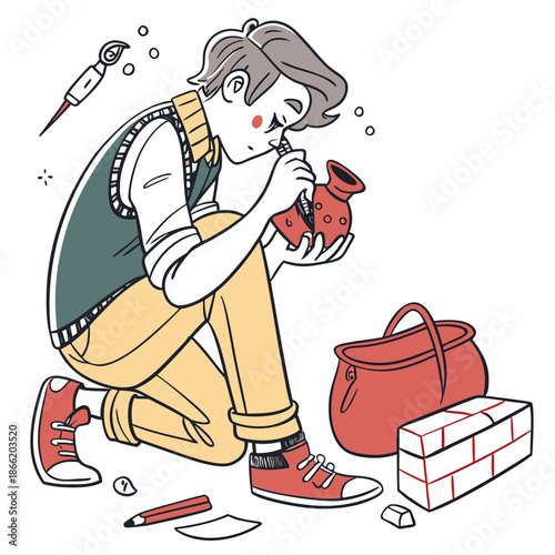 Young artist fixing a broken pottery vase in cartoon style