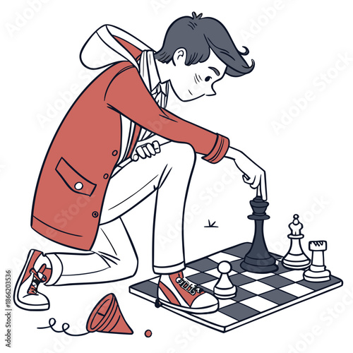 Young boy playing chess game with focused concentration