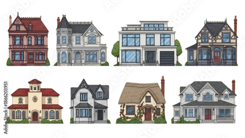 Collection of Modern and Traditional Residential House Architecture for Real Estate and Neighborhood Design