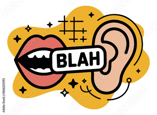 Stylized illustration depicts open mouth speaking meaningless chatter directly into a large human ear.