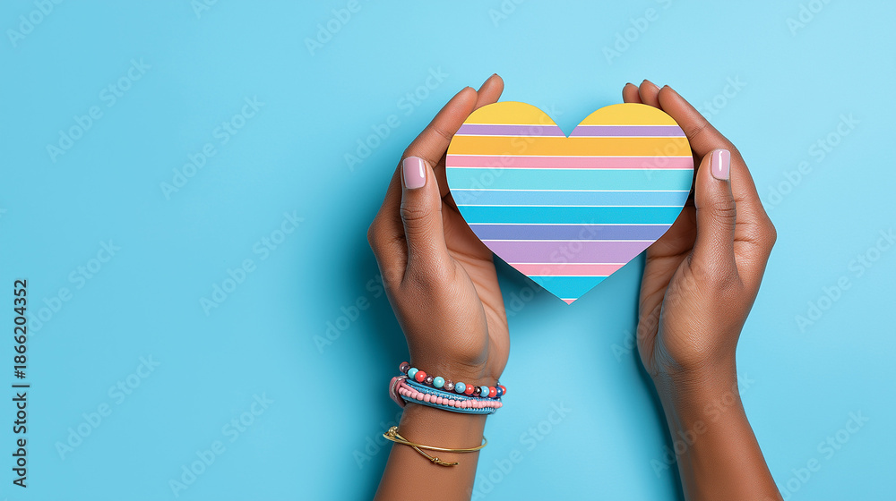 Fototapeta premium Hands Holding Rainbow Heart on Blue Background, LGBTQ Pride, Love, Equality and Diversity Concept with Copy Space