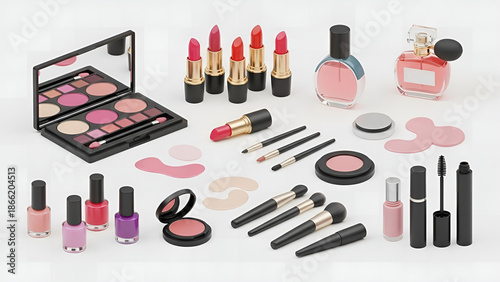 nail polish and lipstick, set of cosmetic products, Different beauty makeup cosmetic product 3D style icon set vector illustration bundle collection. Makeup palette, lipstick, perfume bottle, eye patc