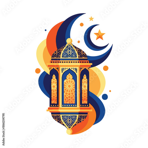 Celebrating Ramadhan with an ornate lantern under a crescent moon and stars