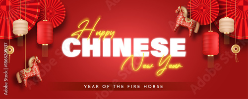 Happy Chinese New Year 2026 Horizontal Banner with Lanterns, Fire Horse Zodiac and Oriental Festive Red Theme. Lunar New Year Banner Template Design