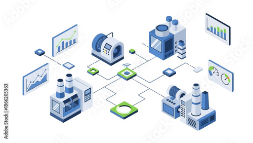 Isometric illustration of industrial machinery and data analysis components.