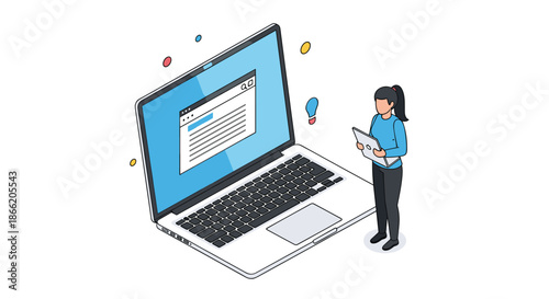 Woman standing next to a large laptop computer looking at a document on the screen representing digital work and research.